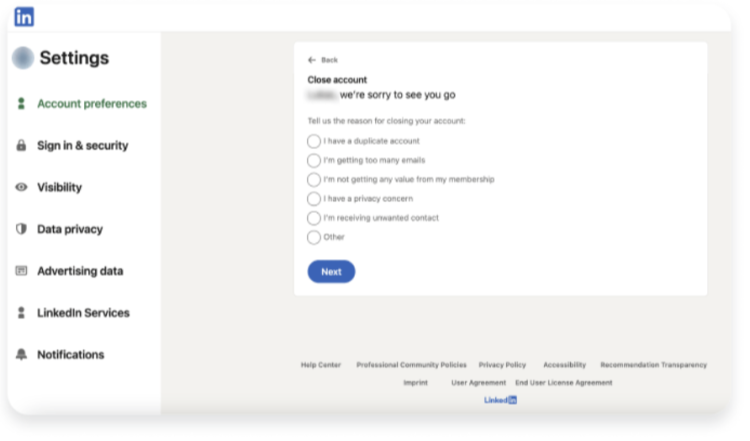Choose the reason why you are deleting your account and click “Next.”